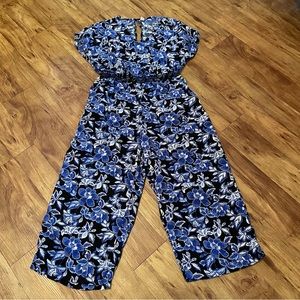 Old Navy Womens Blue Floral Jumpsuit Size L Boho Smocked Cropped Wide Leg Tropic
